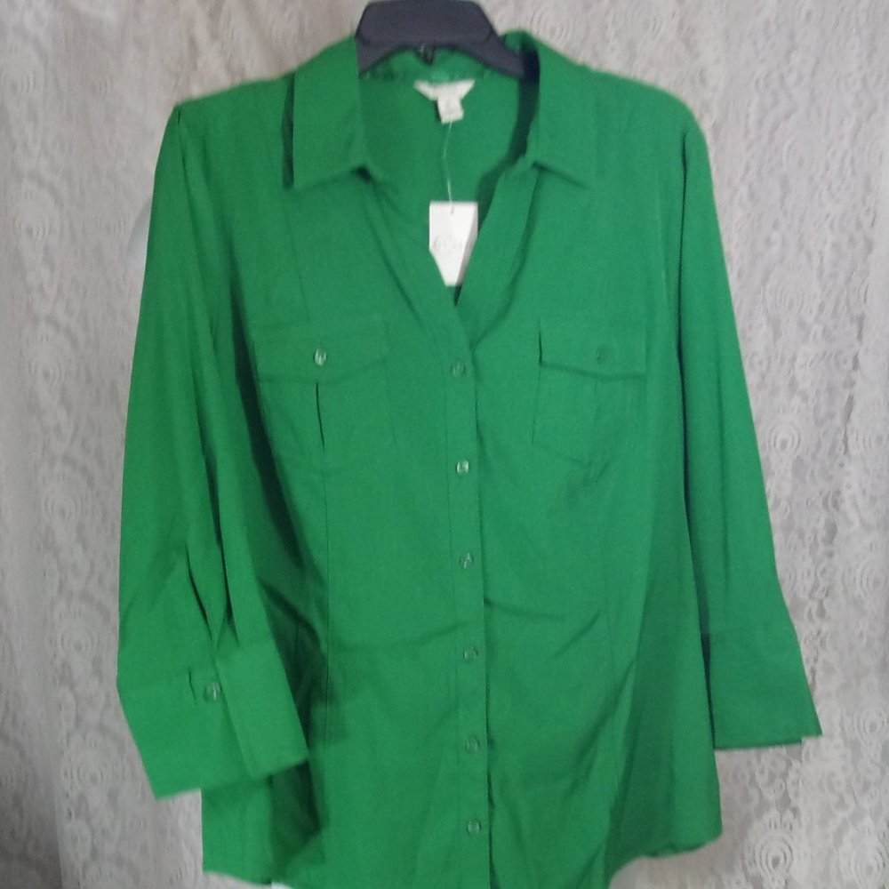 Est. 1946  Classic Button Front Blouse Top Shirt Bright Emerald NWT